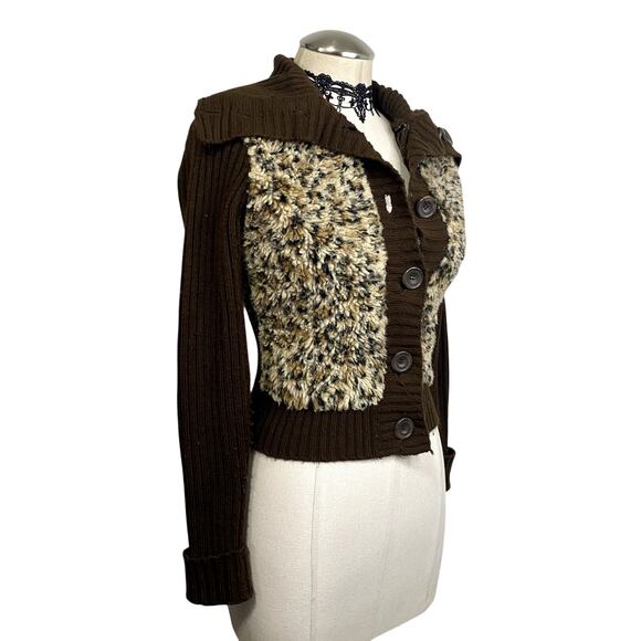 Vtg Y2K Cheetah Print fuzzy Knit Grunge Punk Collared Sweaer Jacket Sz Small - Picture 4 of 12